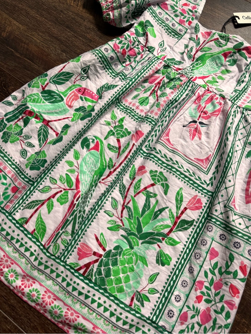 NWT Celina Moon Tropical Patchwork Puff Sleeve Mini Dress Pink Green S
